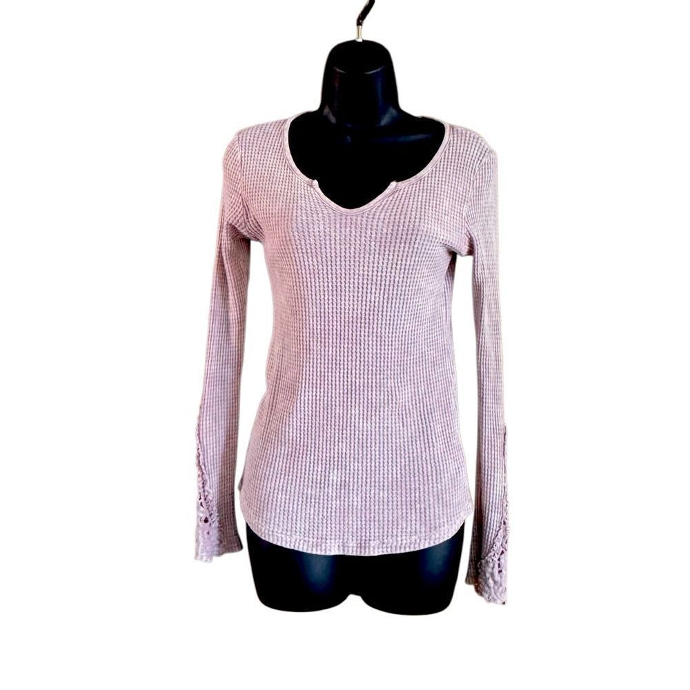 American Age Light Pink Acid Wash Waffle Knit Long Sleeve Lace Trim Shirt Sz S